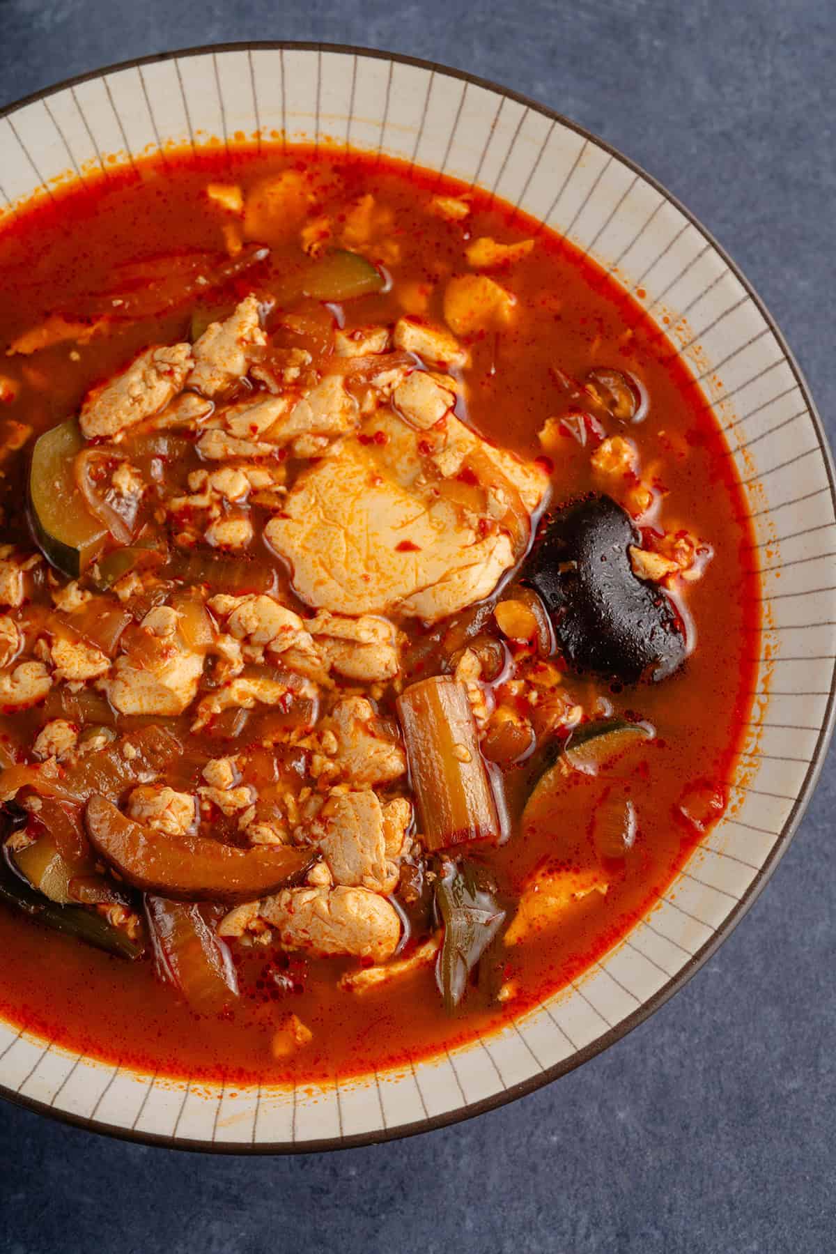 Vegan Sundubu-Jjigae (Korean Soft Tofu Stew) in bowl