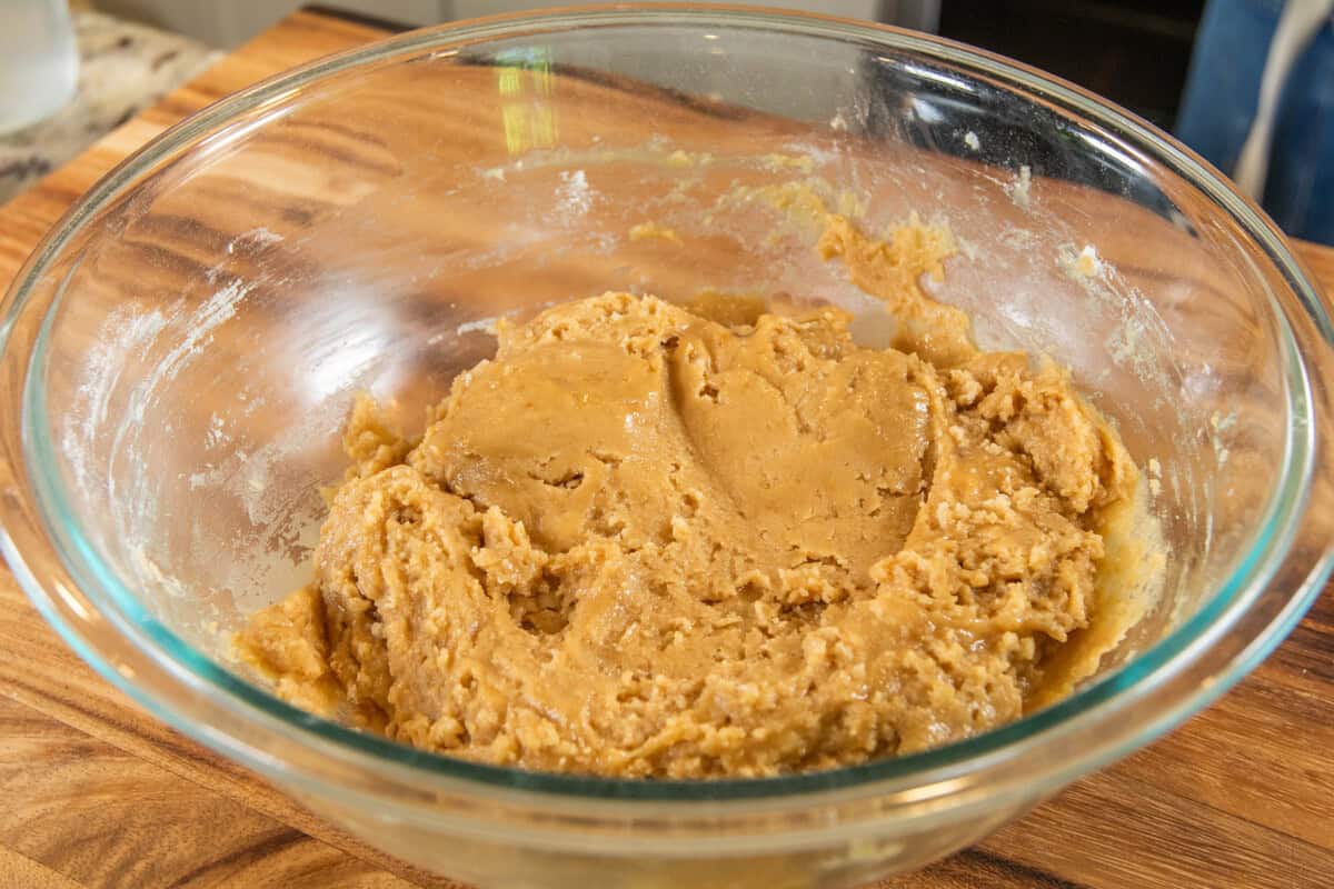mixed cookie dough in a bowl