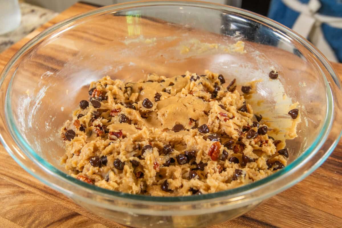 mixed pecans and chocolate chips into the cookie dough