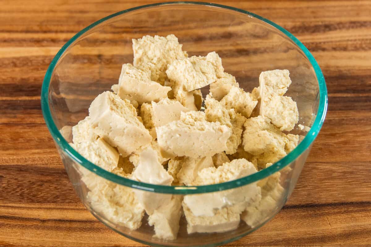 broken tofu chunks in a bowl