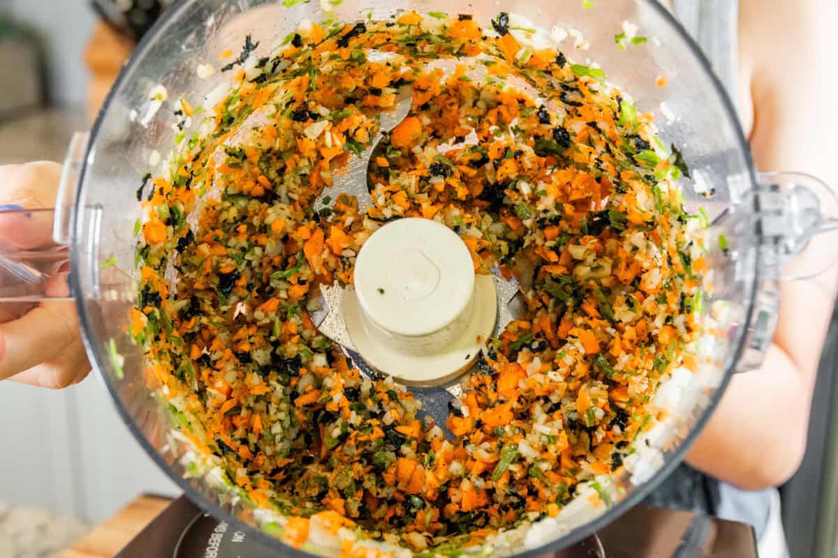 chopped veggies in food processor bowl