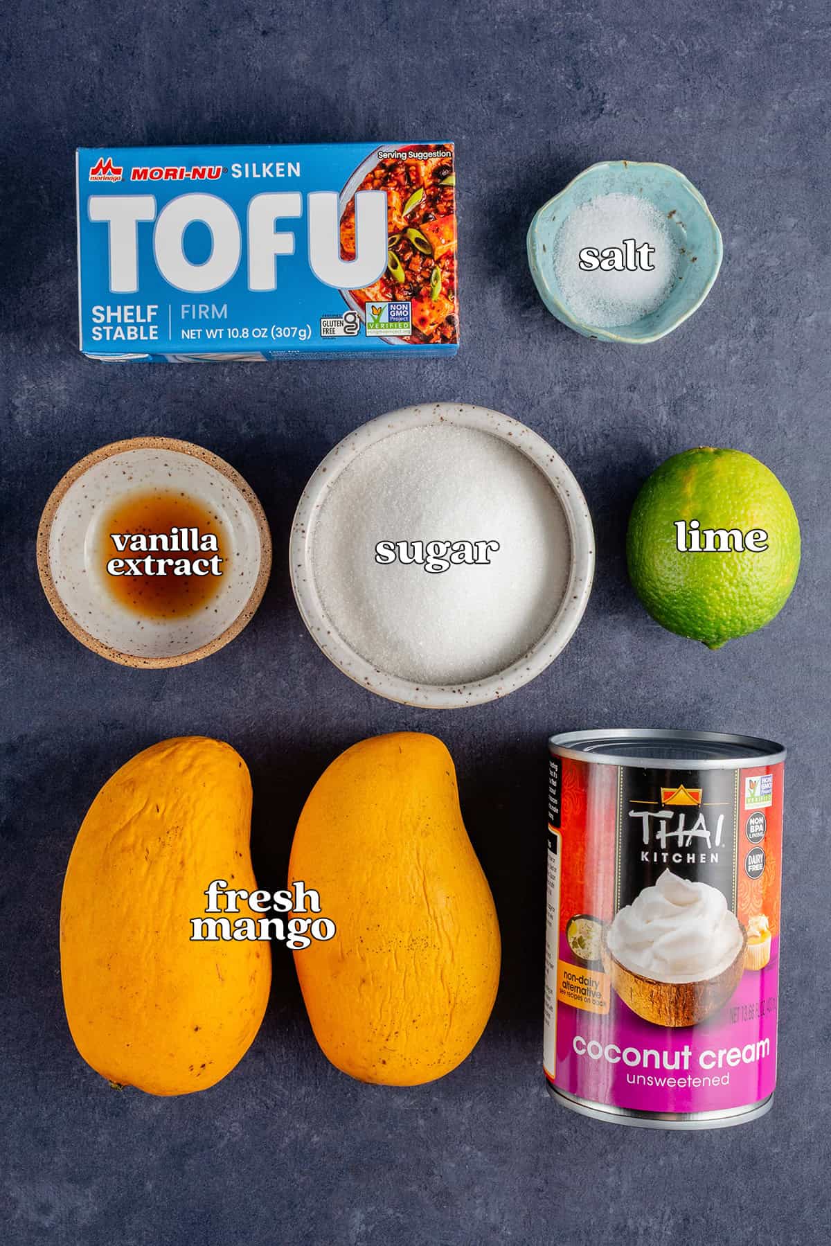 tofu, salt, vanilla extract, sugar, lime, fresh mango, coconut cream