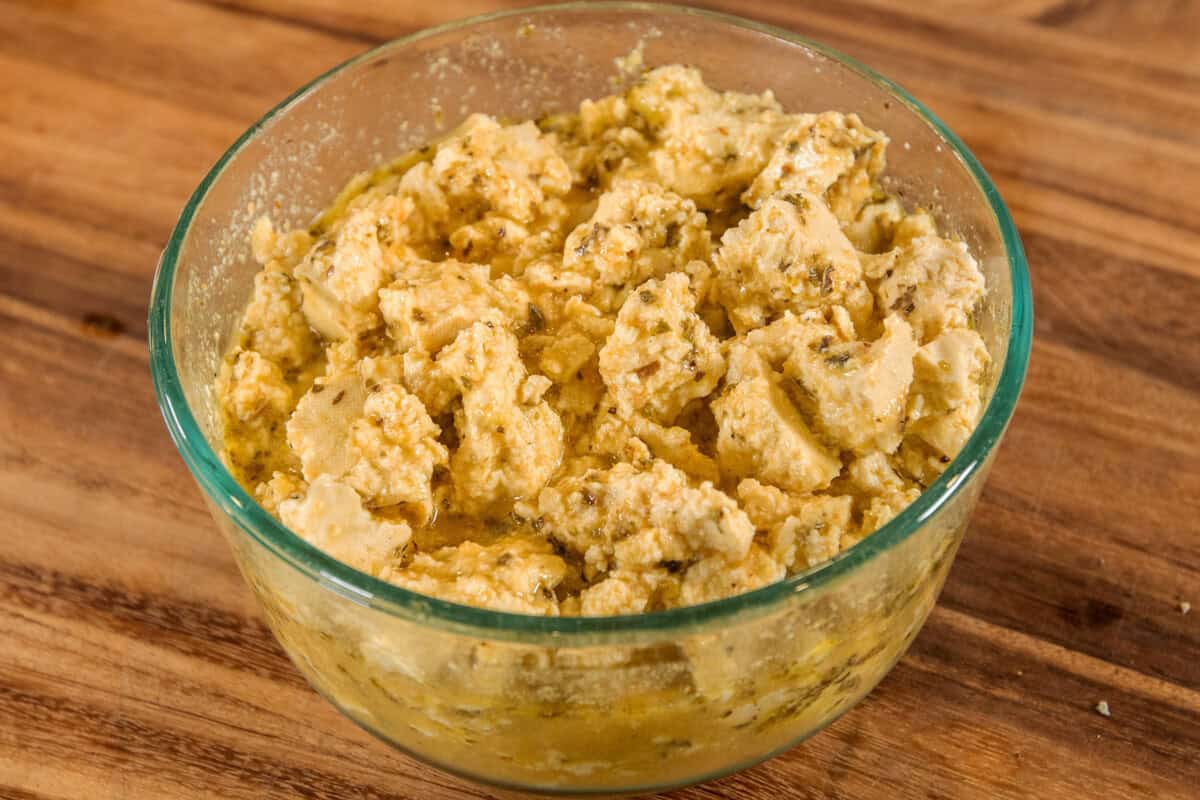marinade coating crumbled tofu feta