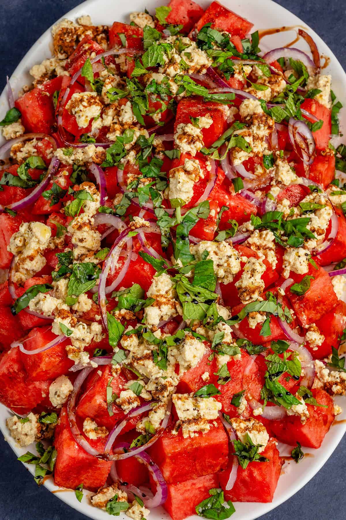 platter of tofu feta watermelon salad