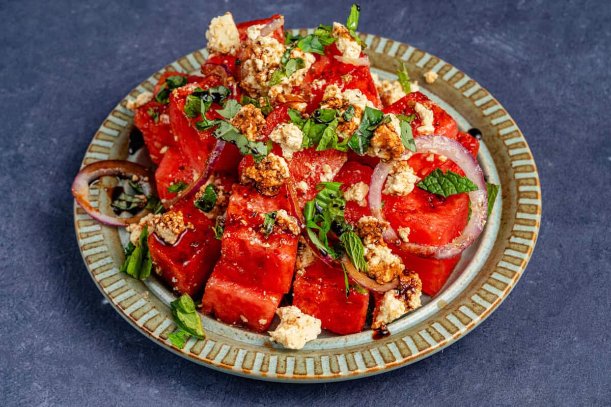 plate of tofu feta watermelon salad