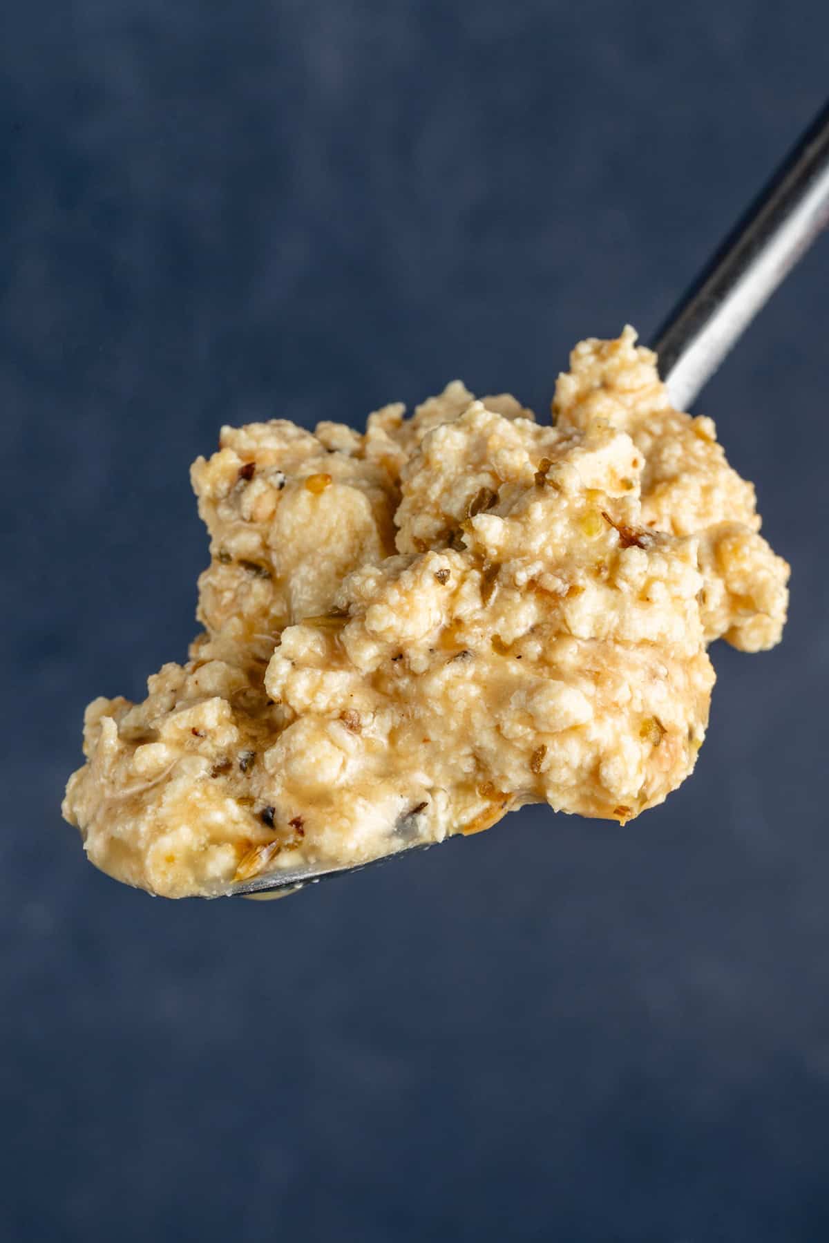 a spoonful of crumbled vegan feta cheese