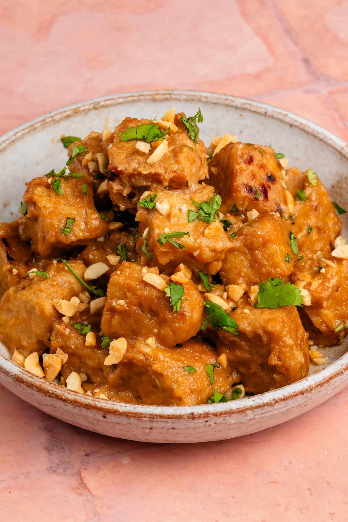peanut braised tempeh in a bowl topped with cilantro and crushed peanuts