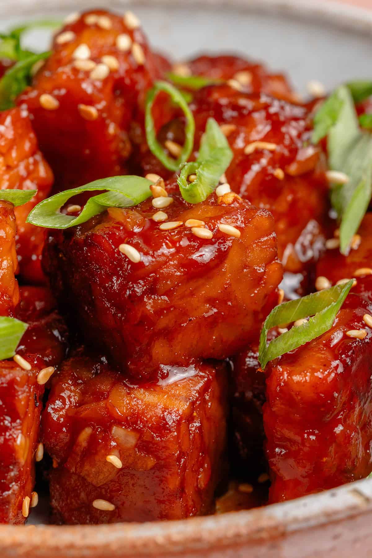 close up of gochujang braised tempeh in a bowl topped with scallions and sesame seeds
