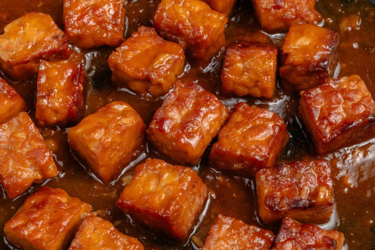 miso maple braised tempeh in sauce