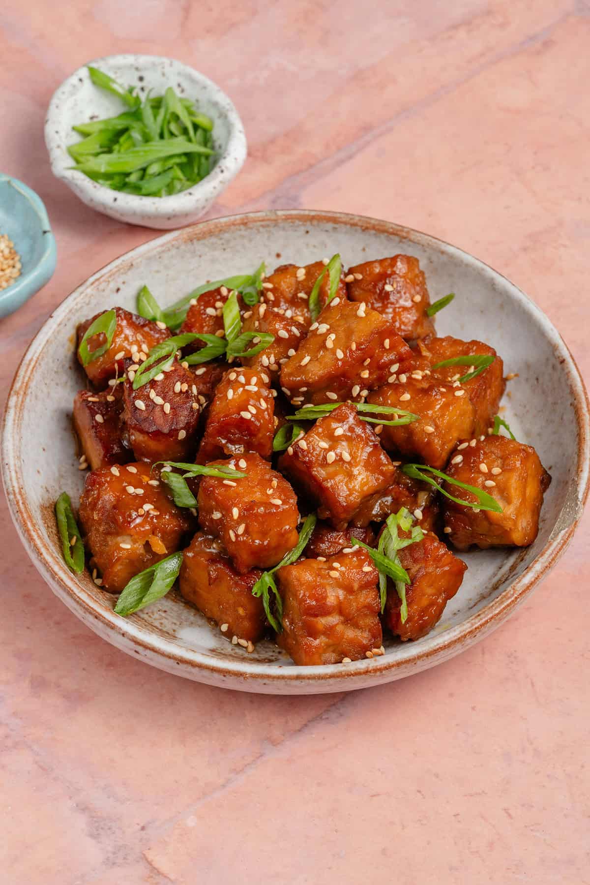 miso maple braised tempeh in a bowl topped with sesame seeds and scallions