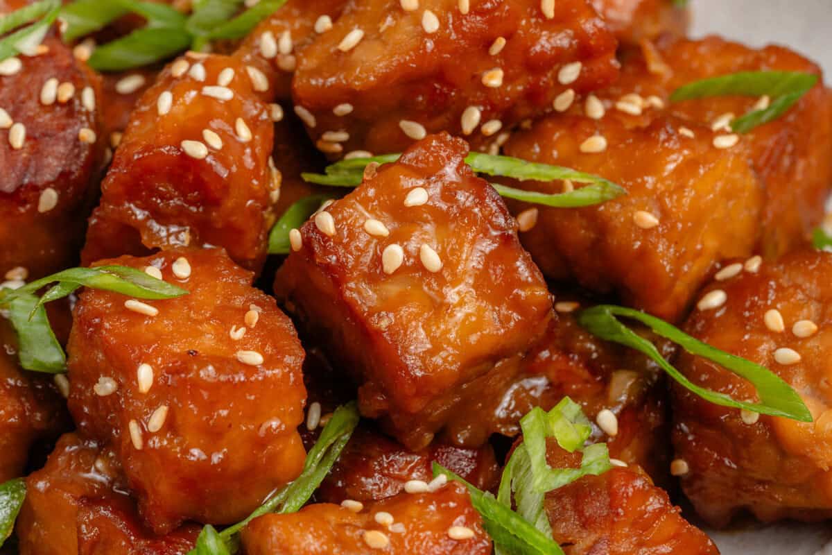 close up of miso maple braised tempeh