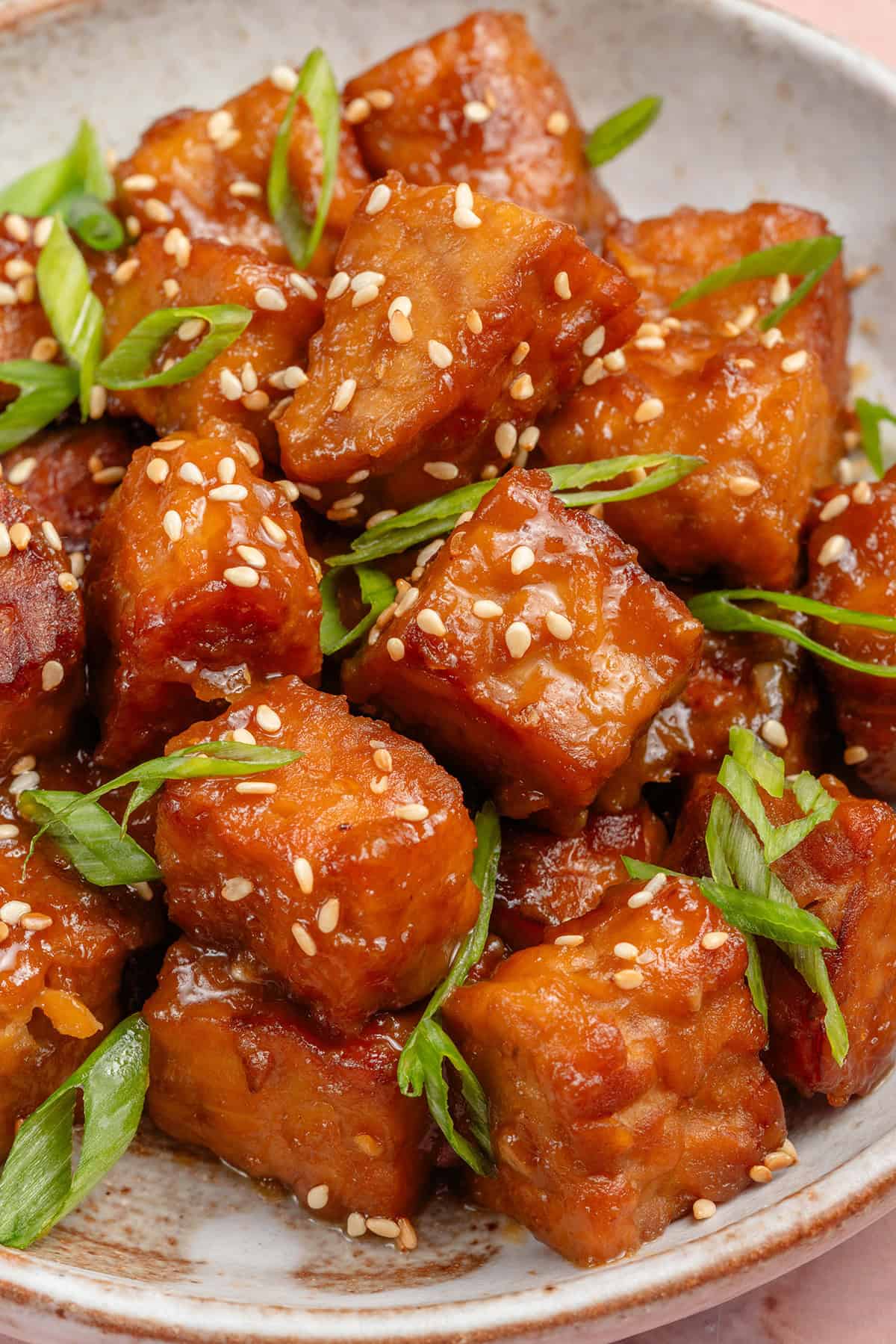miso maple braised tempeh topped with sesame seeds and scallions