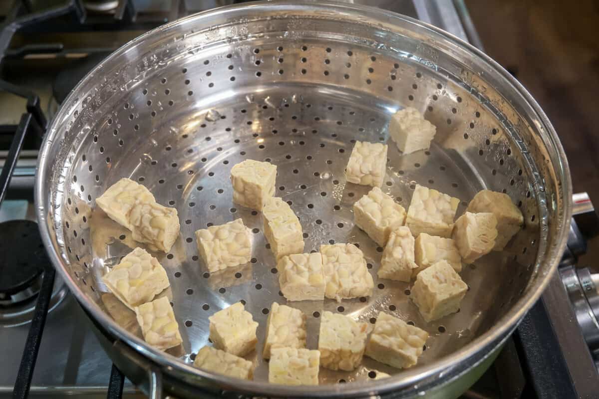 steaming cubes of tempeh