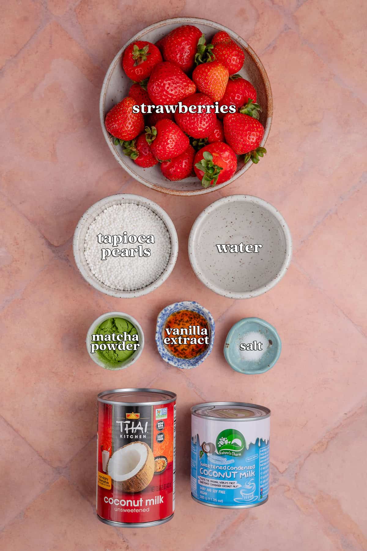 strawberries, tapioca pearls, water, matcha powder, vanilla extract, salt, coconut milk, unsweetened condensed coconut milk