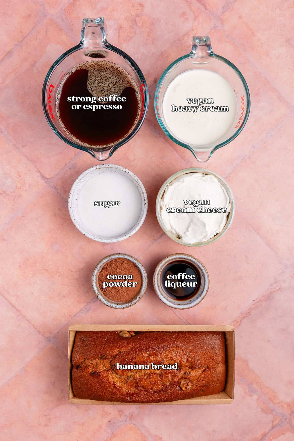 strong coffee or espresso, vegan heavy cream, sugar, vegan cream cheese, cocoa powder, coffee liqueur, banana bread