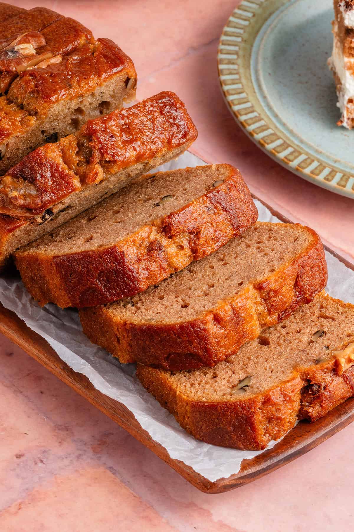 banana bread slices on a platter