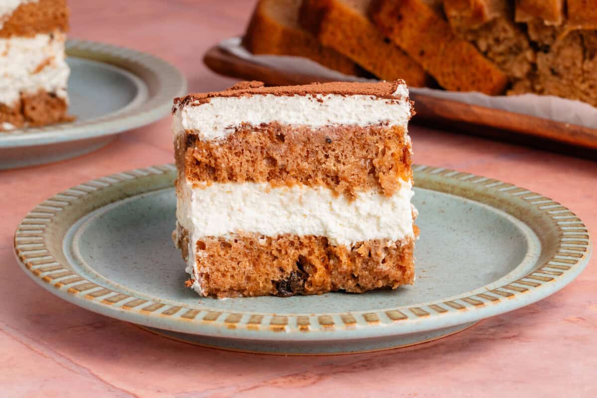 close up of vegan banana bread tiramisu on a plate