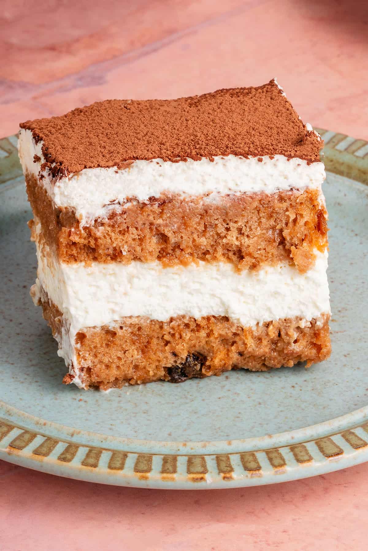 slice of vegan banana bread tiramisu on a plate