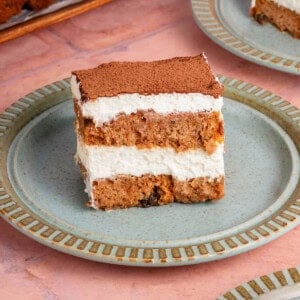 slice of vegan banana bread tiramisu on a plate