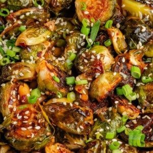 close up of maple chili crisp brussels sprouts