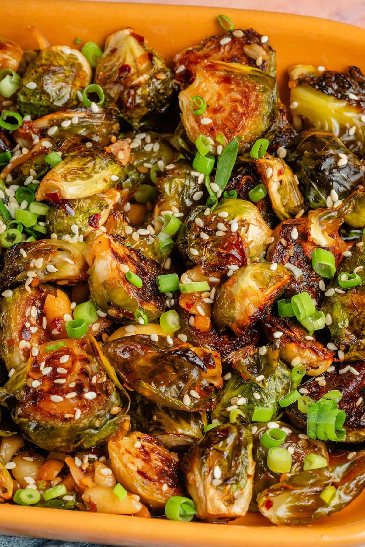 close up of maple chili crisp brussels sprouts