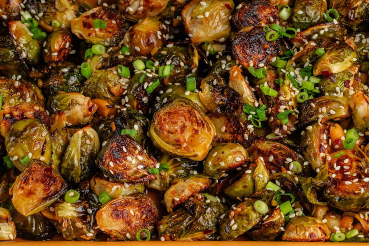 close up of maple chili crisp brussels sprouts