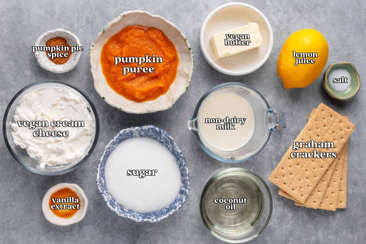 labeled ingredients for pumpkin cheesecake bars: pumpkin pie spice, pumpkin puree, vegan butter, lemon juice, salt, vegan cream cheese, sugar, non-dairy milk, graham crackers, vanilla extract, sugar, and coconut oil
