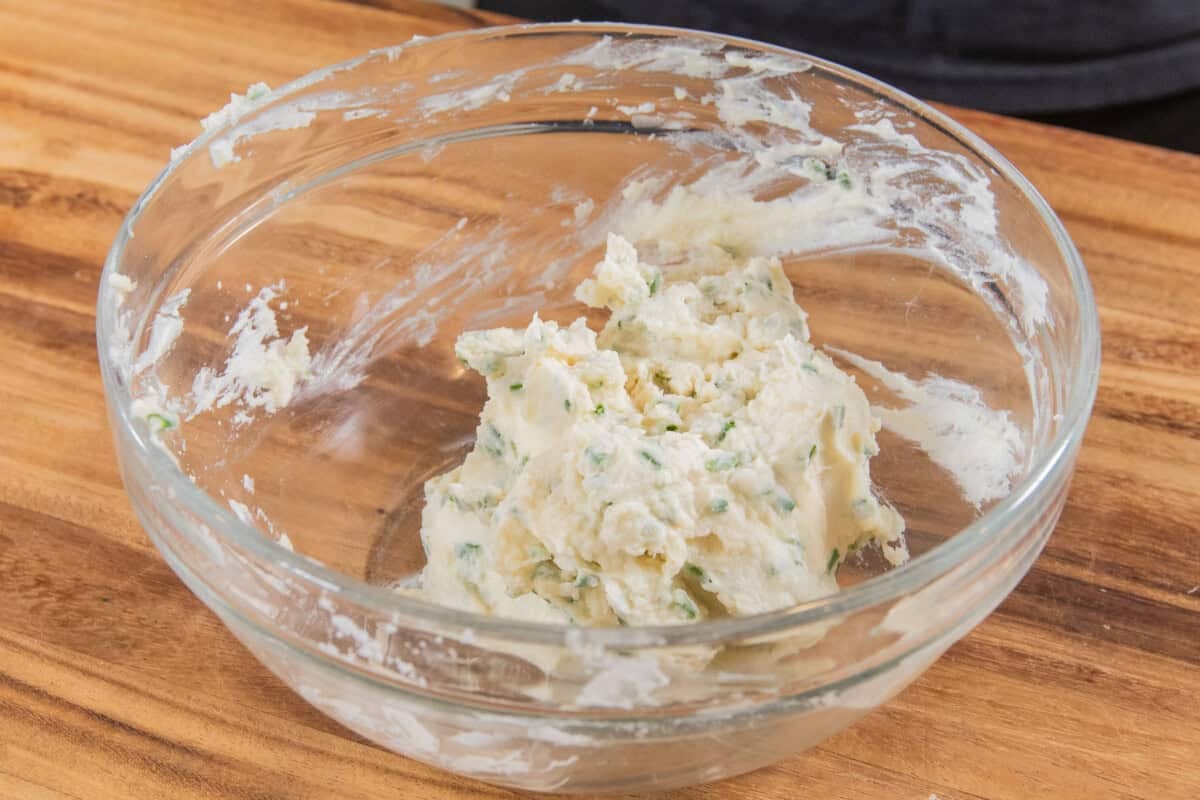 Chive Cream Cheese filling in glass bowl