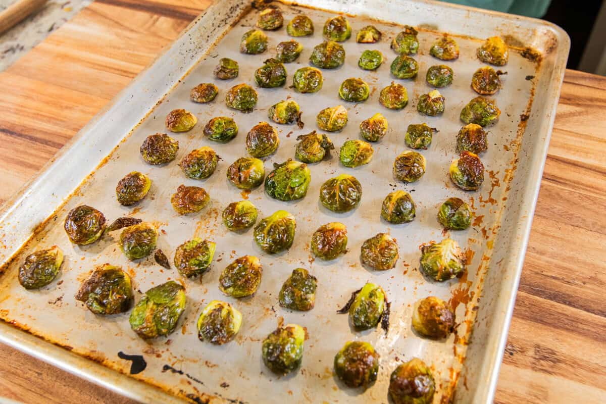 brussels sprouts on baking sheet after being roasted