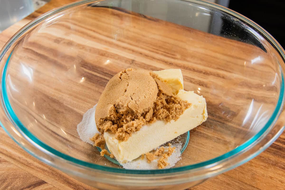 butter and brown and granulated sugar in a bowl