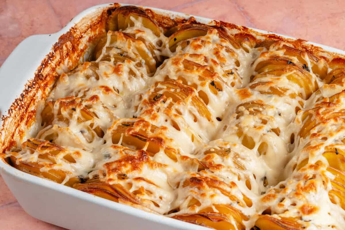 Vegan Dauphinoise Potatoes in a baking dish