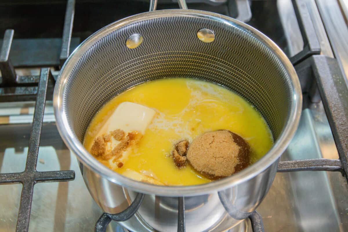 butter and brown sugar melting in a pot