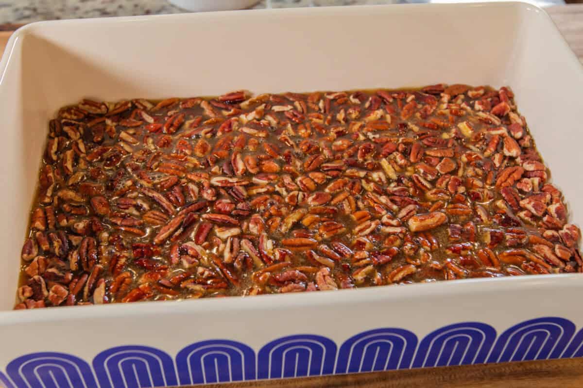maple pecan mixture in the bottom of a baking dish